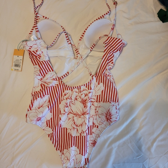 Red/white Stripes and Floral One Piece Swimsuit - Picture 4 of 4